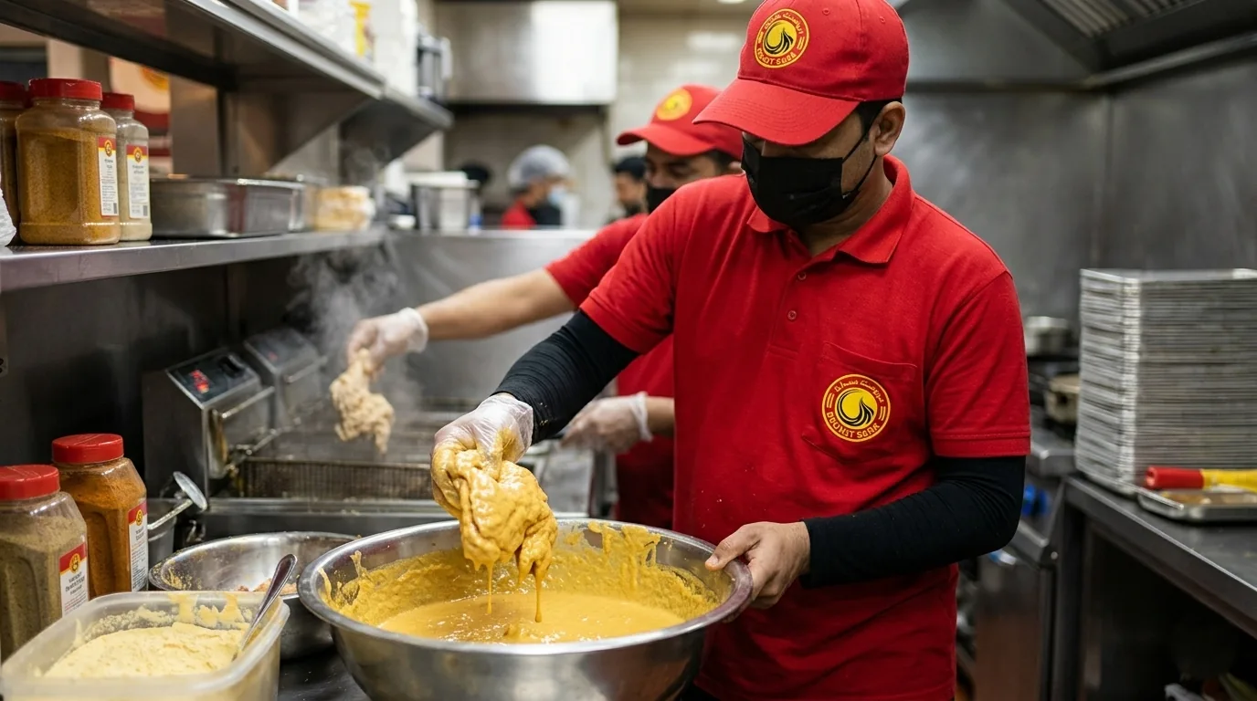 Kitchen staff pressure frying fresh chicken broast at Broast Sara Madinah branch