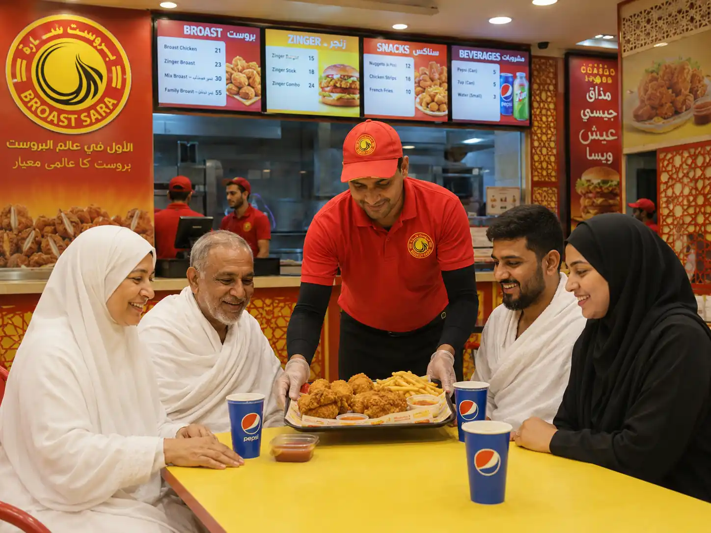 Fresh halal broast and shawarma served to pilgrims at Broast Sara near Masjid al-Nabawi Madinah.