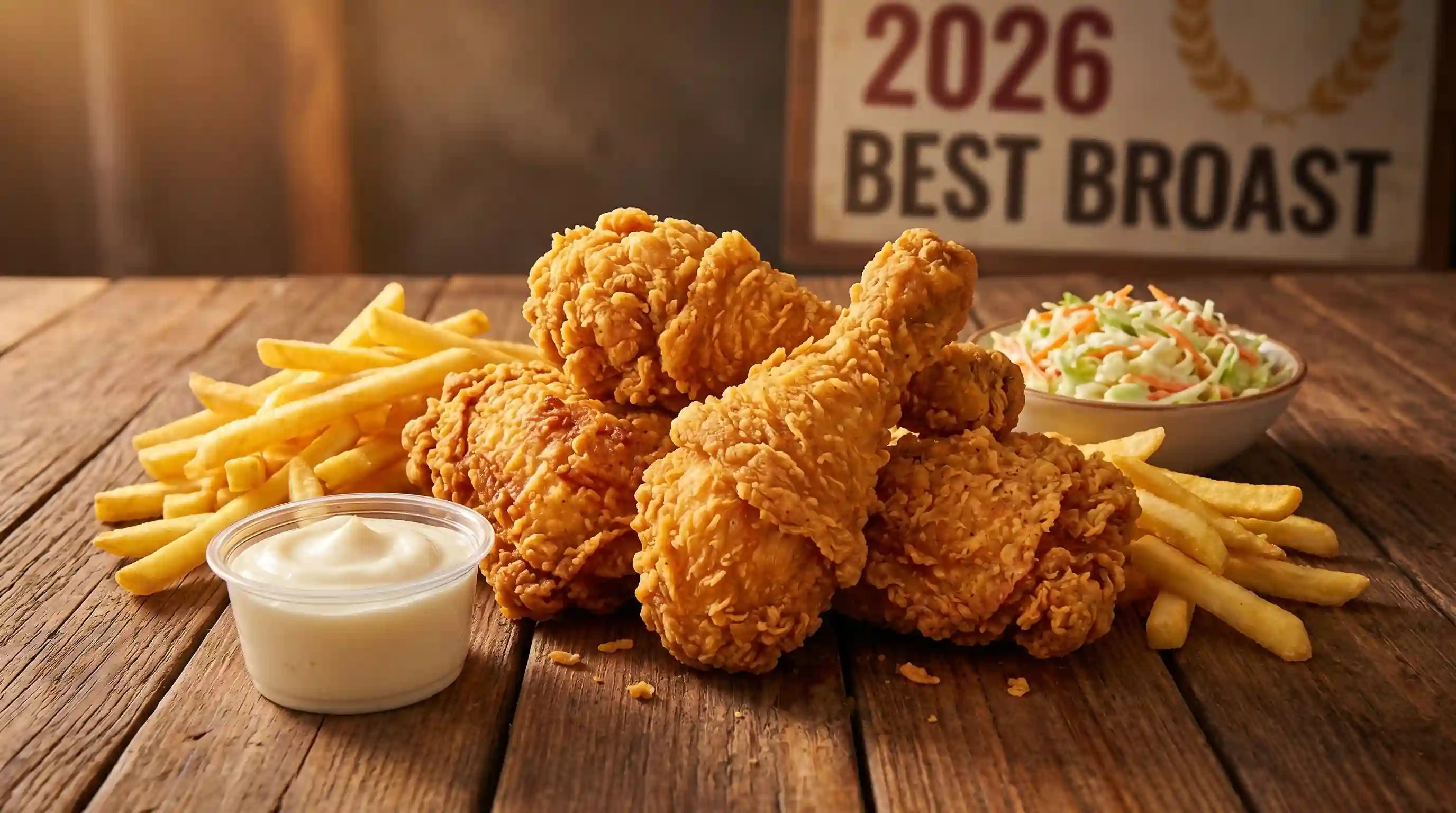 Fresh pressure-fried Original Broast chicken with garlic thoum sauce at Broast Sara Madinah.