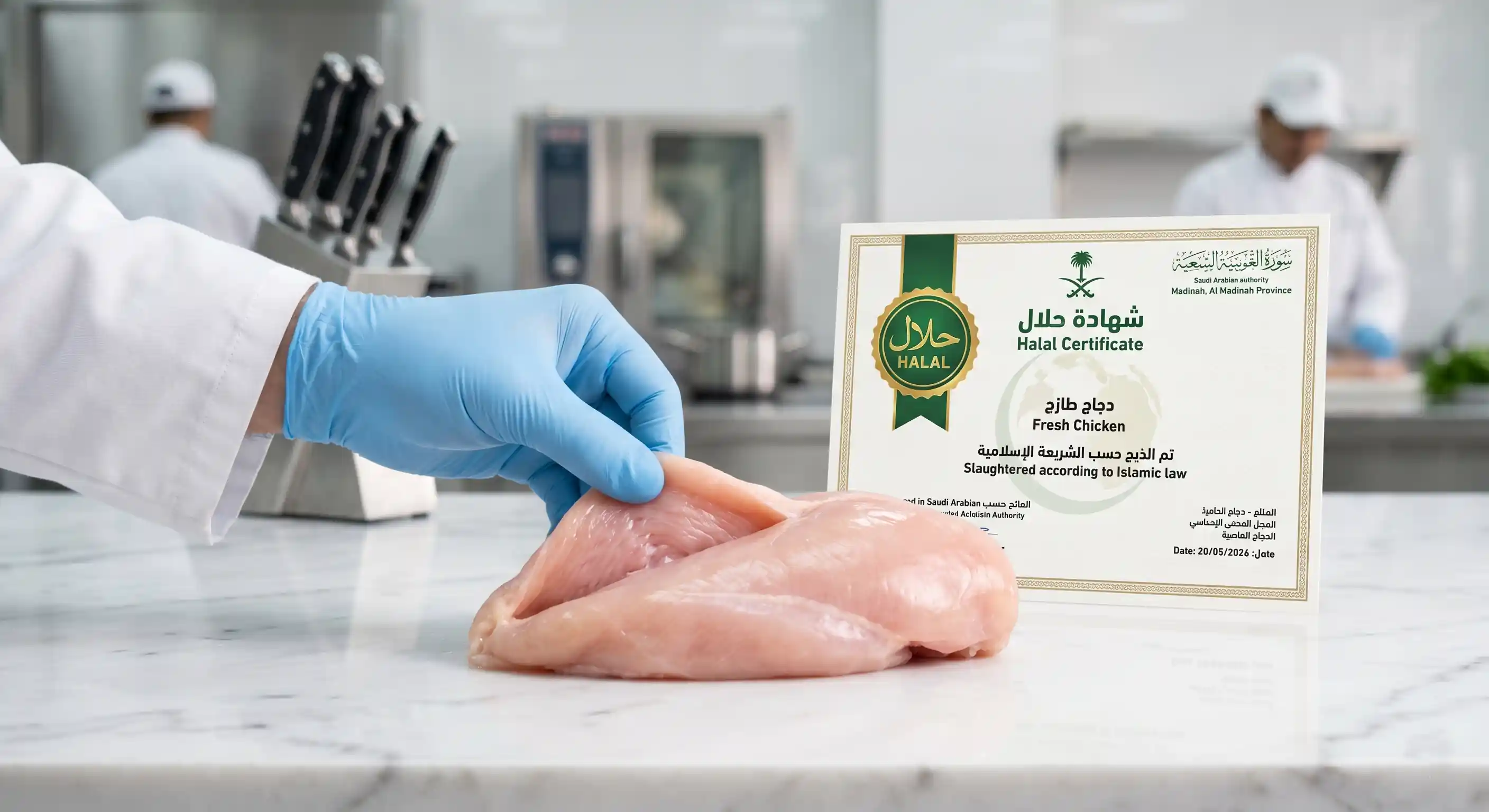 تحضير دجاج حلال طازج وفق معايير سلامة الغذاء HACCP في بروست سارة بالمدينة المنورة.