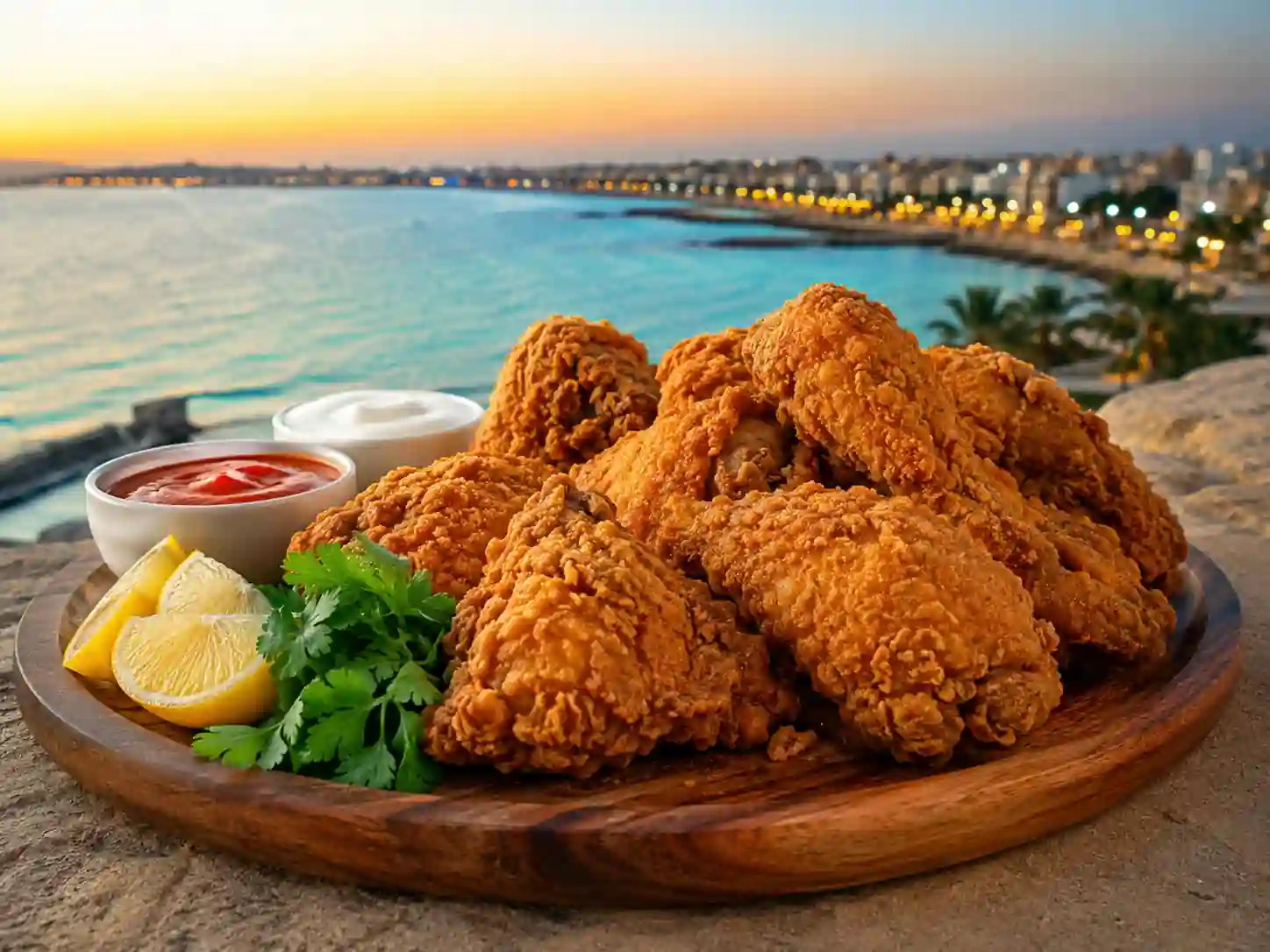 Fresh pressure-fried broast with garlic thoum sauce from Broast Sara Yanbu branch on the Red Sea coast.