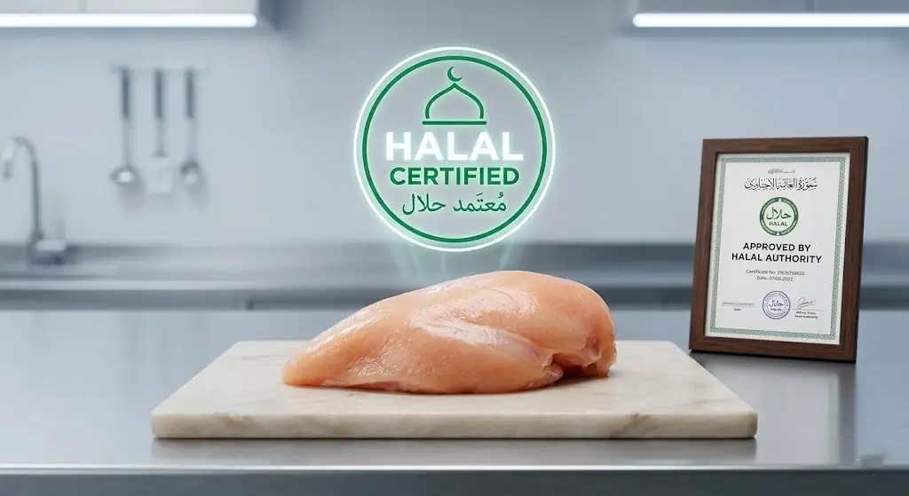 دجاج بروست حلال طازج من بروست سارة بالمدينة المنورة يظهر شهادات الذبح اليومي ومعايير HACCP.