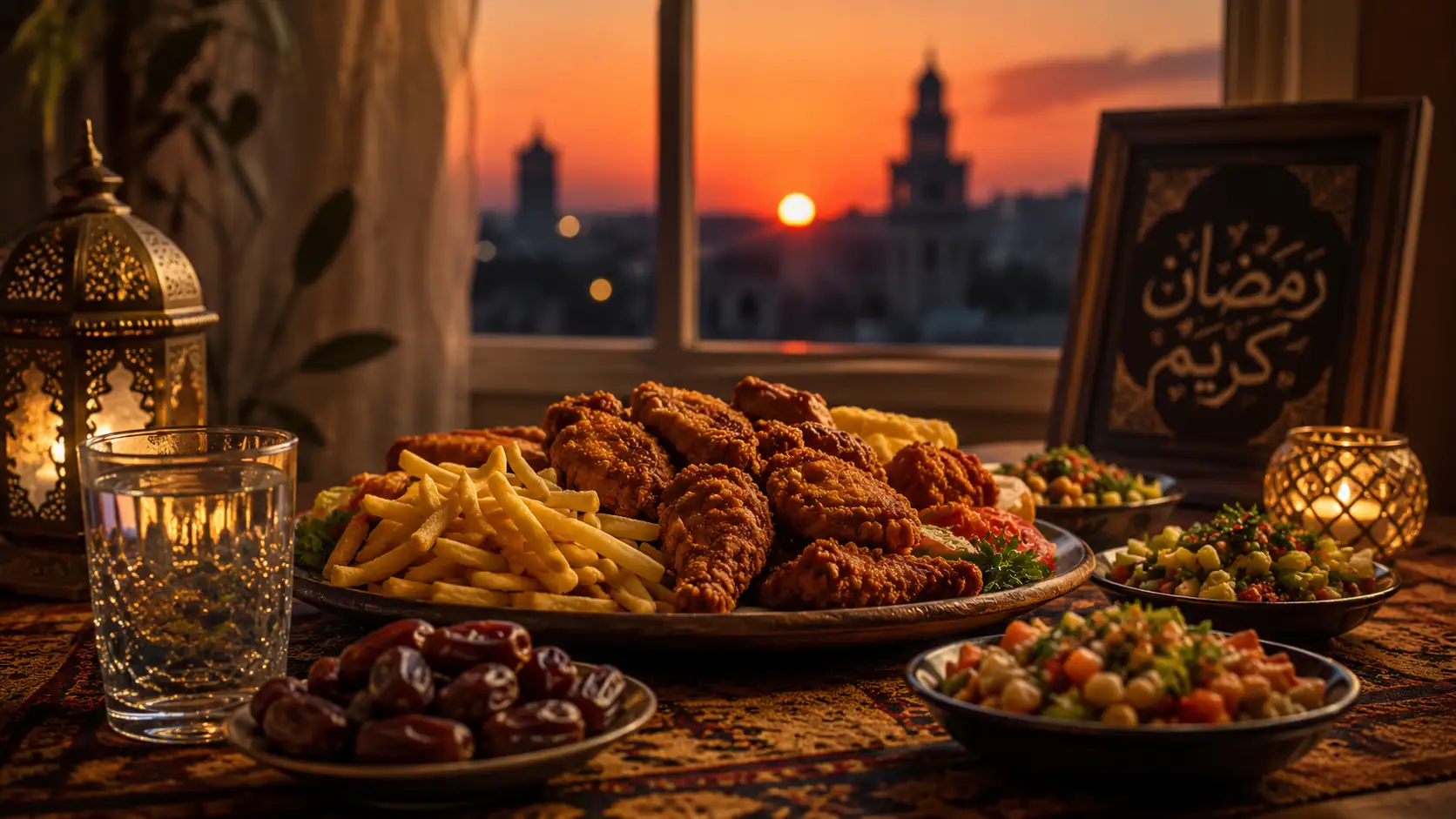 مائدة إفطار عائلية من بروست سارة بالبروست الأصلي وصلصة الثوم في المدينة المنورة رمضان.